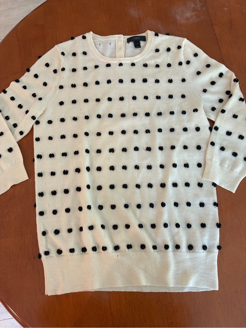 J. Crew Cream Crewneck Sweater with Black Pom-Pom Dot Pattern